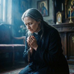 一位年長修女跪在教堂中祈禱，手持玫瑰經。