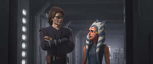 Anakin 和 Ahsoka 在黑暗的科幻走廊中，有發光的燈光。 — 複製人突擊兵 壁紙