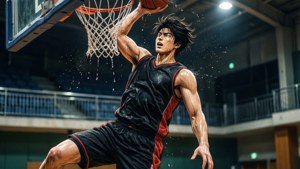 動漫籃球運動員在體育館中灌籃，水花四濺。