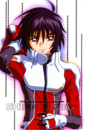 來自《機動戰士鋼彈SEED DESTINY》的真·飛鳥身穿紅白飛行員服，背景為發光的紫色。 — 小米18 Fold 壁紙