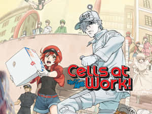 動漫角色身穿醫療制服，在城市景觀中穿梭，標題為『Cells at Work!』。 — 細胞的工作 壁紙