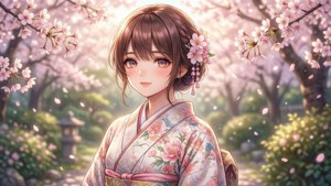 穿著花卉和服的動漫女孩在櫻花下，花瓣飄落。