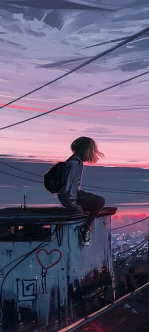背著背包的動漫女孩坐在屋頂上，俯瞰夕陽下的城市，有心形塗鴉。 — iPhone 16 Pro Max 壁紙
