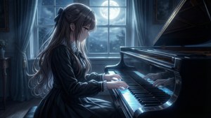 動漫女孩在昏暗的房間裡月光下彈鋼琴。