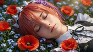 動漫女孩在紅罌粟和藍花田裡睡覺。