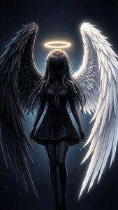 動漫女孩有一隻黑色和一隻白色翅膀及發光光環，站在夜空中