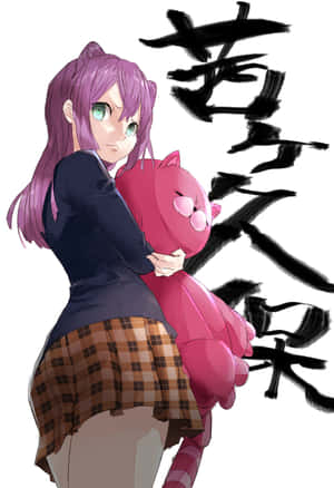 紫髮動漫女孩在黑色筆觸漢字旁抱著粉紅色貓咪絨毛玩具。 — 可愛動漫女孩 壁紙