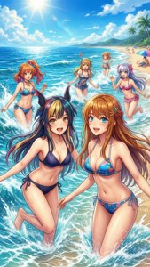 穿著比基尼的動漫女孩在陽光明媚的海灘上穿過海浪奔跑。