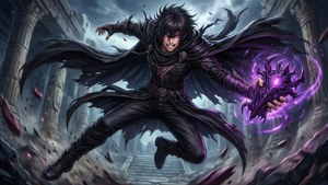 動漫法師手持紫色魔法武器跳躍穿過古代廢墟。