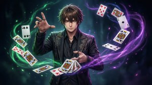 動畫魔術師用發光的魔法漩渦召喚撲克牌。