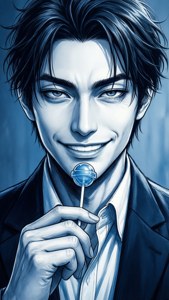 穿著西裝的動漫男子自信微笑，手持藍色棒棒糖。