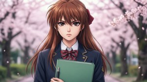 穿著校服的動漫女孩在櫻花下拿著筆記本。
