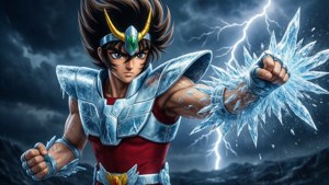 身穿銀色盔甲的動漫戰士在雷電交加的暴風雨天空下釋放冰霜力量。