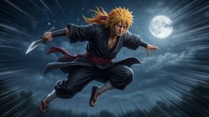 動漫忍者戰士在夜空中跳躍，背後有月亮