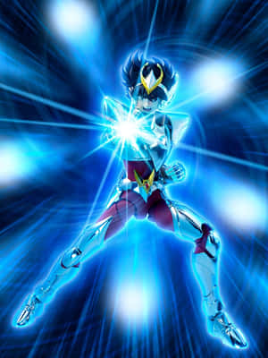 發光盔甲的動漫戰士在宇宙環境中釋放藍色能量。 — Kindle 壁紙