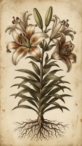 一幅百合花植物的植物插圖，在舊紙上顯示花朵、葉子和根部。
