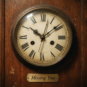 木牆上的復古時鐘，帶有刻有 Missing You 的黃銅牌