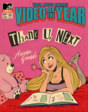 Ariana Grande 卡通躺在一張床上，有一隻粉紅色泰迪熊，正在閱讀《Thank U, Next》這本書。 — 可愛卡通 壁紙