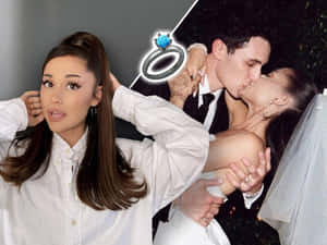 Ariana Grande 和 Dalton Gomez 在婚禮上接吻，上方有一個藍色鑽石戒指的圖形。