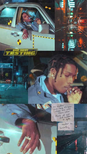 ASAP Rocky 在雨夜中於車內吸煙，伴隨著霓虹燈光。 — 嘻哈 壁紙