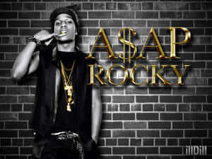 穿著街頭服的ASAP Rocky在一面磚牆前擺姿勢，牆上以金色字母寫著他的名字。 — ASAP Rocky 壁紙