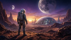 外星行星上的太空人在日落時分觀看帶有兩個月亮的未來穹頂城市。