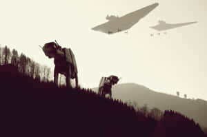 AT-AT步行機和星際戰鬥機以剪影形式映襯著山林景觀。 — MacBook Air 壁紙