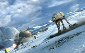 AT-AT步行者在雪地戰場上前進，伴有爆炸和叛軍 — 星際大戰 壁紙