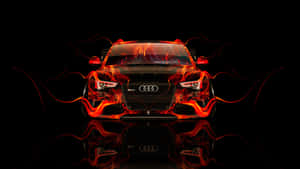 Audi 汽車在黑色反射表面上帶有熾熱的橙色火焰。 — 奧迪 GIF 壁紙