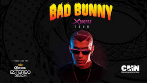 Bad Bunny 戴著粉紅色太陽眼鏡，帶有巡演品牌和龍紋身藝術。 — 壞兔子 GIF 壁紙