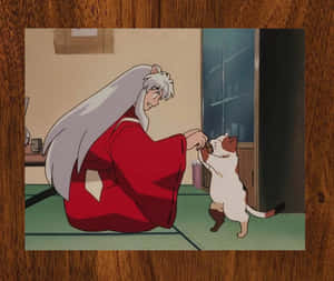 穿著紅色和服的動漫惡魔在室內餵食一隻小貓。 — 犬夜叉 壁紙