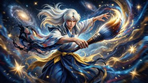 白髮藍袍的動漫法師用魔法畫筆描繪宇宙星系。