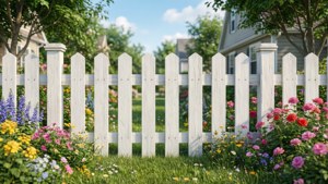 陽光花園中，白色尖樁籬笆被色彩繽紛的花朵環繞。