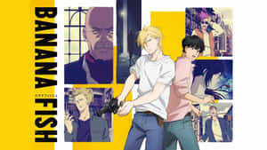 《Banana Fish》的動畫角色在動態都市場景中，背景為黃色。 — 香蕉魚 壁紙