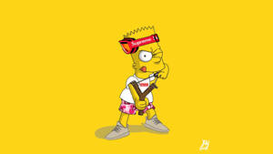 Bart Simpson 穿著 Supreme 服裝，在黃色背景上拿著彈弓。 — 酷炫至尊 壁紙
