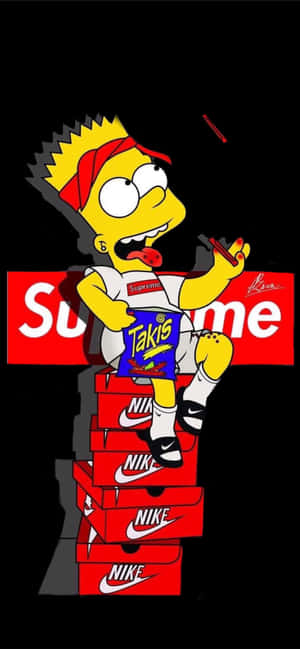 Bart Simpson 坐在 Nike 盒子上，手持 Takis 袋，身後有 Supreme 標誌。 — iPhone 15 壁紙