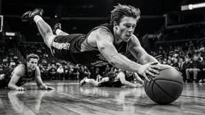 籃球運動員在激烈比賽中撲向球，對手在附近。