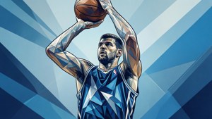籃球運動員在藍色幾何風格插圖中投籃。