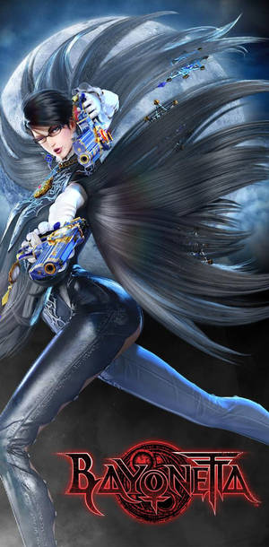 Bayonetta 以動作姿勢持槍，頭髮飄逸，背景是風暴般的月光天空。 — 高畫質月亮 壁紙