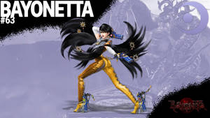 Bayonetta 身穿金色服裝，手持武器，飄逸黑髮擺姿勢。 — 蓓優妮塔 壁紙