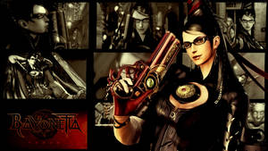 動漫風格的 Bayonetta 在黑暗哥德場景中手持槍支。 — 深色主題 壁紙