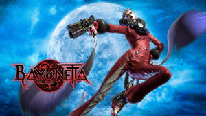 身穿紅色服裝的 Bayonetta 在月光照耀的天空下持槍跳躍。 — 蓓優妮塔 壁紙