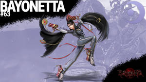 Bayonetta 在神秘背景下擺出持槍動作姿勢，頭髮飄逸。 — 蓓優妮塔 壁紙