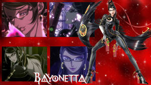 Bayonetta 身穿黑色皮革服裝，帶有紅色閃光和角色特寫。 — 史迪奇拼貼 壁紙
