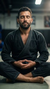 身穿黑色道服的男子在武術墊上盤腿冥想。