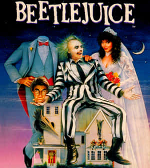 Beetlejuice 與新娘和幽靈新郎在星空下坐在房子上。 — 小米 Mix Flip 2 壁紙