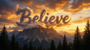 山脈日落，雲彩拼出「Believe」，四周環繞松樹。
