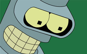 Bender 機器人咧嘴笑，黃色眼睛和網格嘴巴，背景為綠色。 — 黑白小丑 壁紙