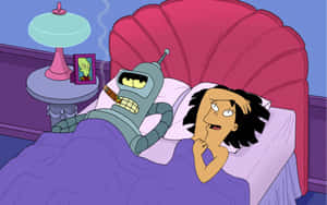 Bender 在床上抽雪茄，而 Leela 在他旁邊看起來很惱火。 — 紐約市 壁紙