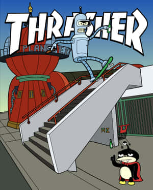 Bender 踩滑板下樓梯，而一隻披著斗篷的企鵝豎起大拇指。 — Thrasher 壁紙